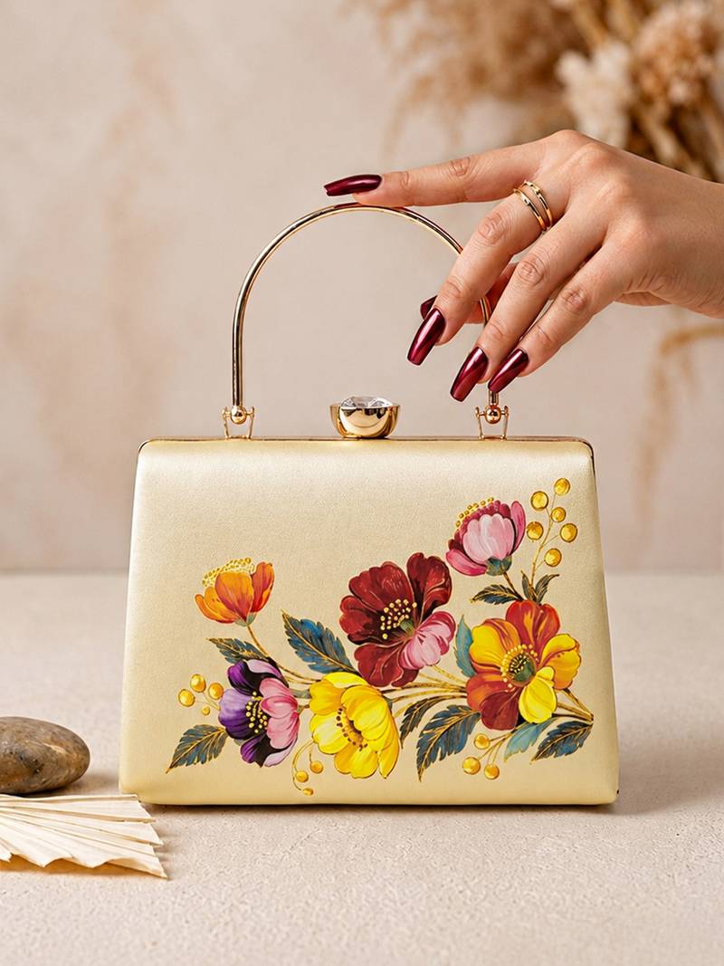 Beige shoulder strap satin embroidery clutches for women