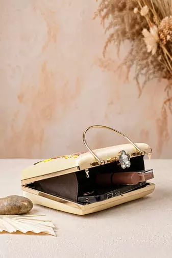 Beige shoulder strap satin embroidery clutches for women