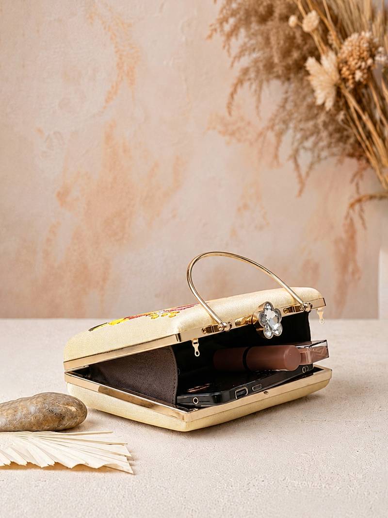 Beige shoulder strap satin embroidery clutches for women