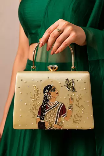 Beige shoulder strap satin embroidery clutches for women