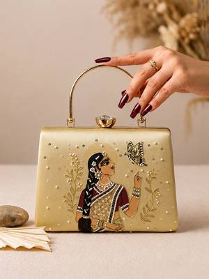 Beige shoulder strap satin embroidery clutches for women 2