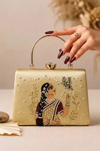 Beige shoulder strap satin embroidery clutches for women