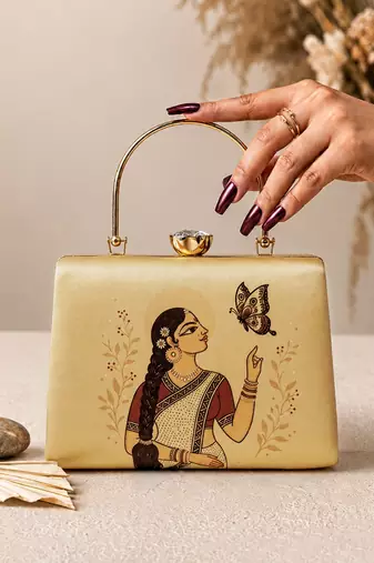 Beige shoulder strap satin embroidery clutches for women