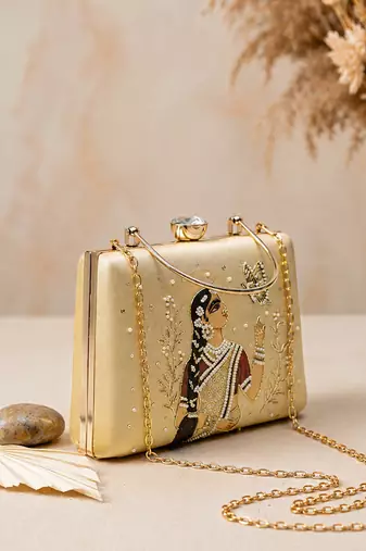 Beige shoulder strap satin embroidery clutches for women
