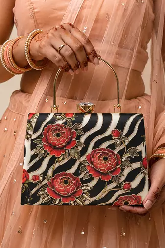 Black shoulder strap satin embroidery clutches for women