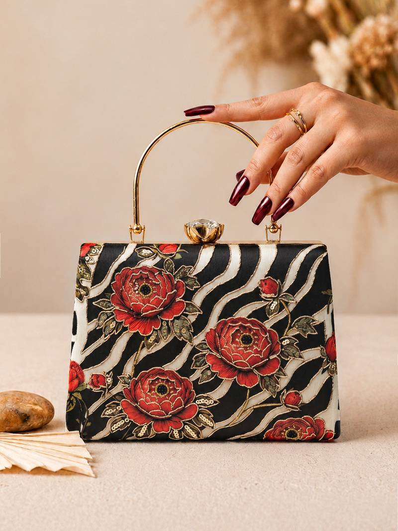 Black shoulder strap satin embroidery clutches for women
