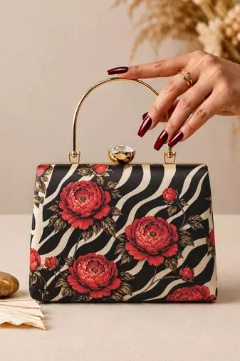 Black shoulder strap satin embroidery clutches for women