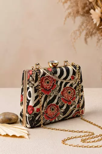 Black shoulder strap satin embroidery clutches for women
