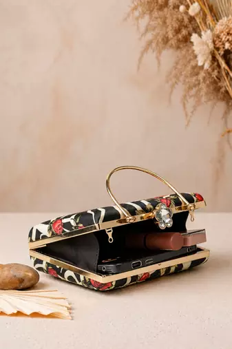 Black shoulder strap satin embroidery clutches for women