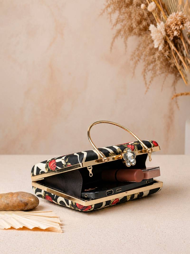 Black shoulder strap satin embroidery clutches for women