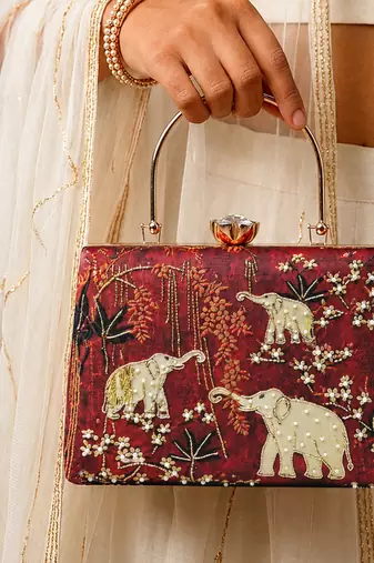 Red shoulder strap satin embroidery clutches for women