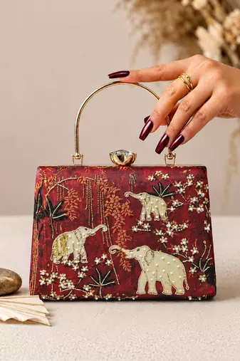 Red shoulder strap satin embroidery clutches for women