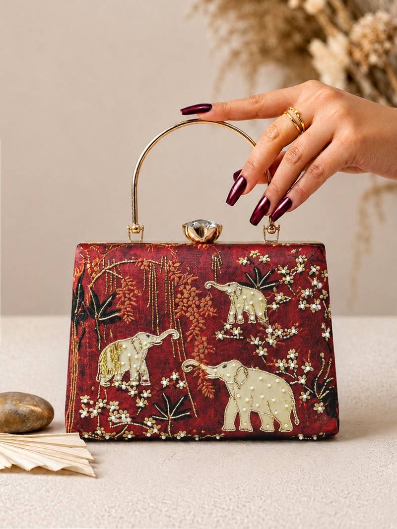Red shoulder strap satin embroidery clutches for women