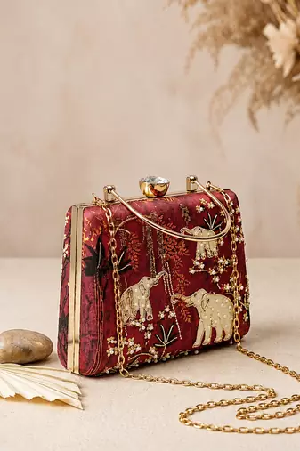 Red shoulder strap satin embroidery clutches for women