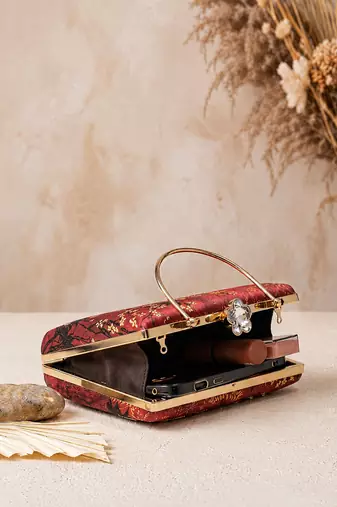 Red shoulder strap satin embroidery clutches for women