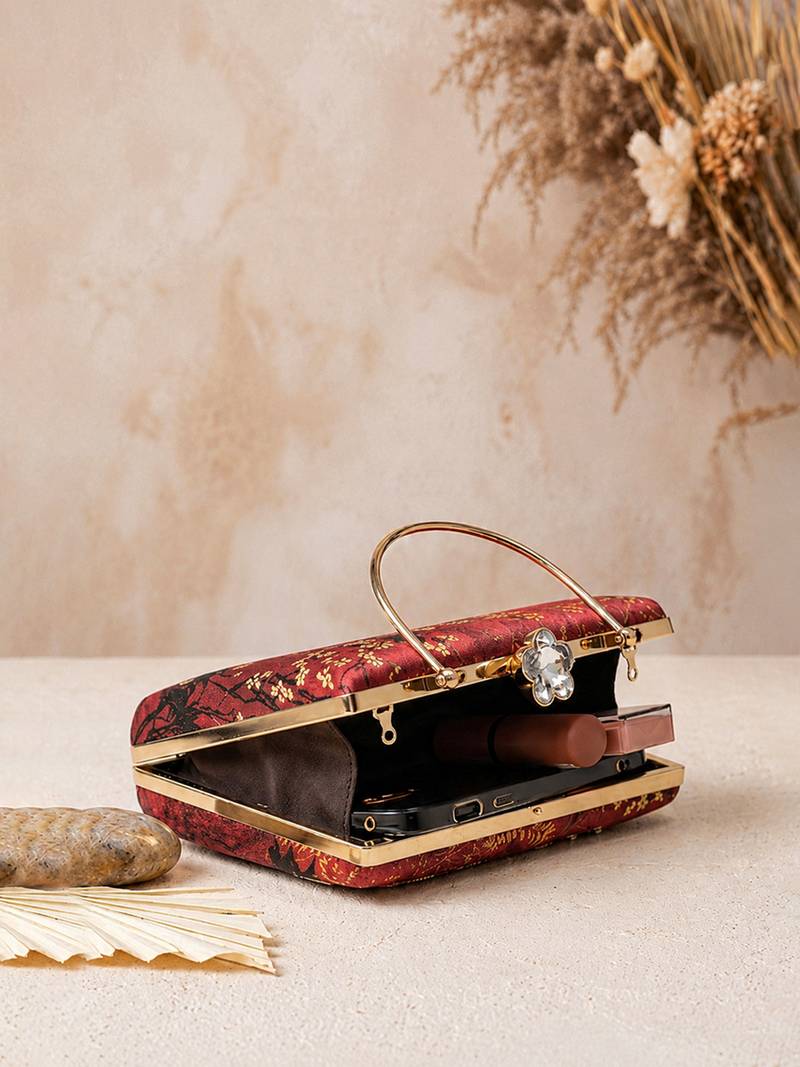 Red shoulder strap satin embroidery clutches for women