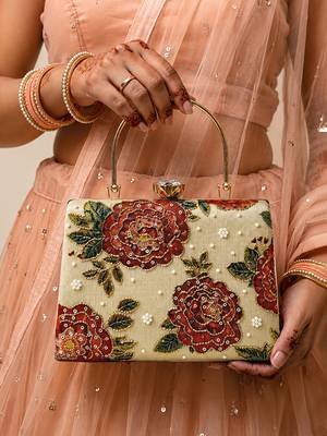 Beige shoulder strap satin embroidery clutches for women 1