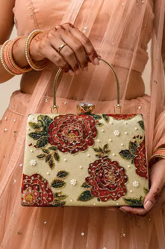 Beige shoulder strap satin embroidery clutches for women