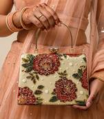 Beige shoulder strap satin embroidery clutches for women