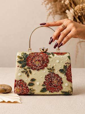 Beige shoulder strap satin embroidery clutches for women 2