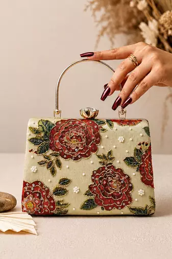 Beige shoulder strap satin embroidery clutches for women
