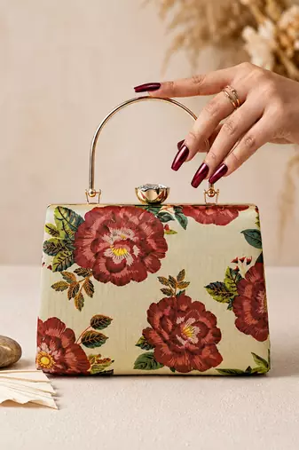 Beige shoulder strap satin embroidery clutches for women