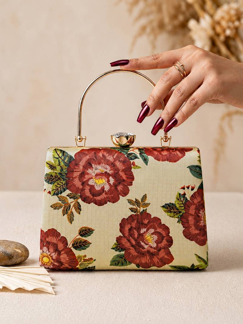 Beige shoulder strap satin embroidery clutches for women
