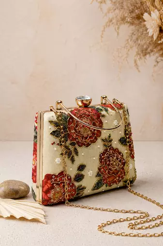 Beige shoulder strap satin embroidery clutches for women