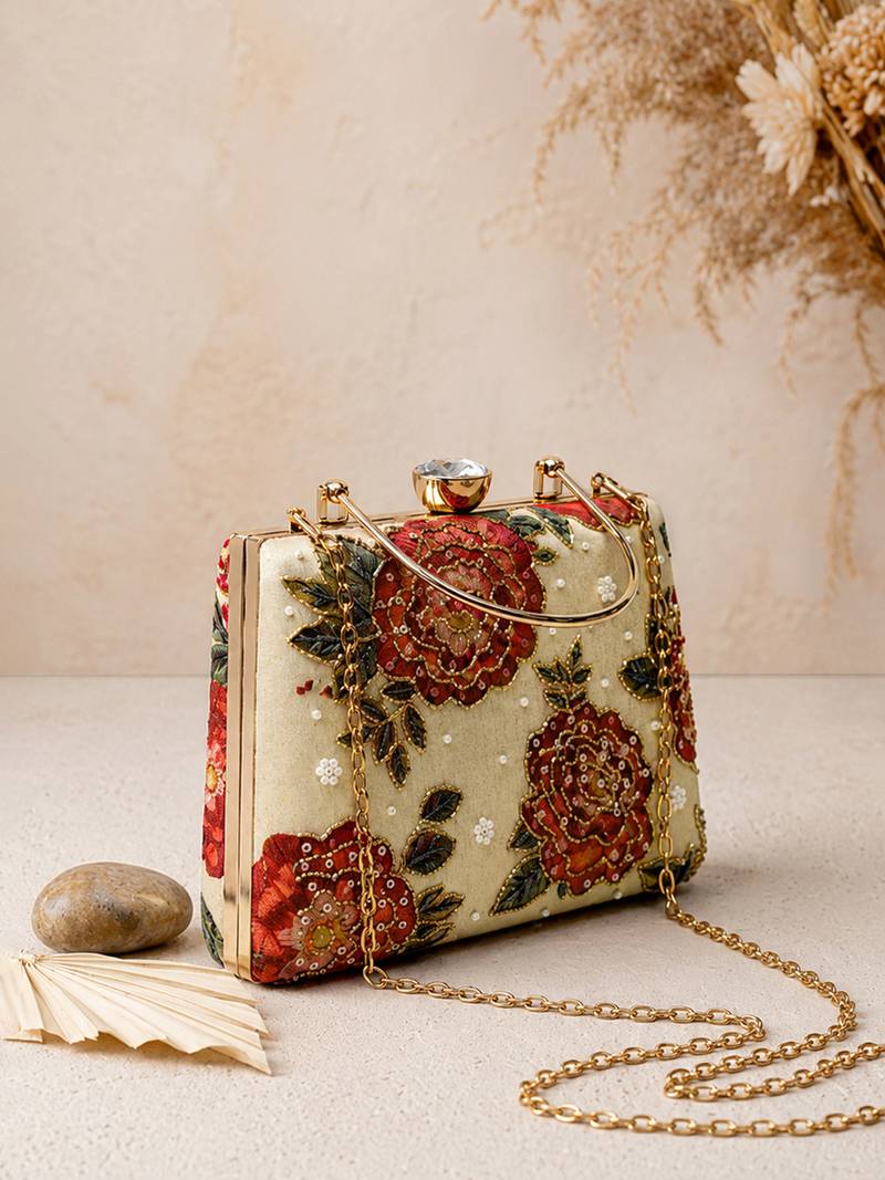 Beige shoulder strap satin embroidery clutches for women