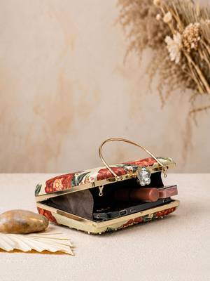 Beige shoulder strap satin embroidery clutches for women 5