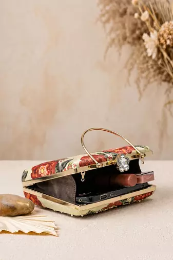 Beige shoulder strap satin embroidery clutches for women