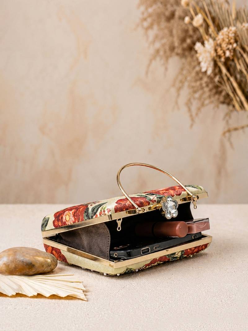 Beige shoulder strap satin embroidery clutches for women