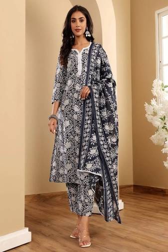 Floral printed cotton round neck kurta trouser & dupatta set