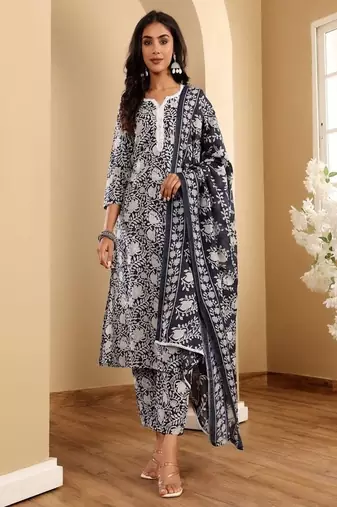 Floral printed cotton round neck kurta trouser & dupatta set