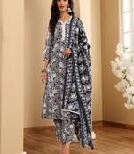 Floral printed cotton round neck kurta trouser & dupatta set
