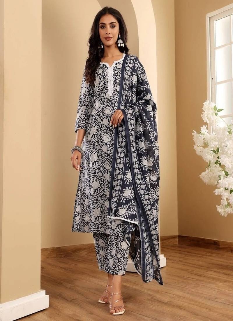 Floral printed cotton round neck kurta trouser & dupatta set