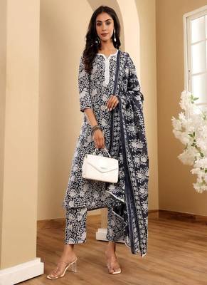Floral printed cotton round neck kurta trouser & dupatta set 2