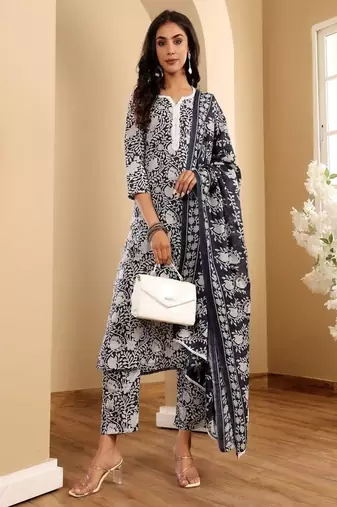 Floral printed cotton round neck kurta trouser & dupatta set