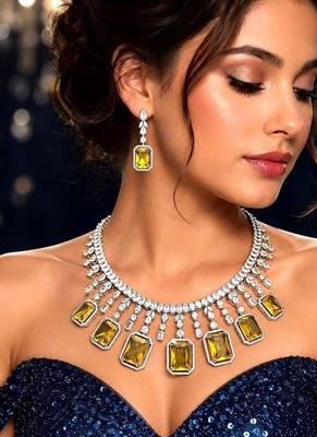 yellow emerald cut statement necklace set, citrine crystal bridal jewellery, rhodium plated brass cz 1
