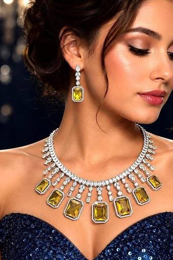 yellow emerald cut statement necklace set, citrine crystal bridal jewellery, rhodium plated brass cz