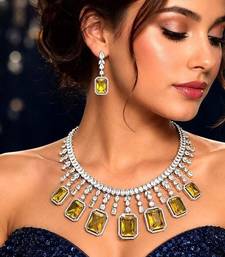 yellow emerald cut statement necklace set, citrine crystal bridal jewellery, rhodium plated brass cz