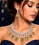 yellow emerald cut statement necklace set, citrine crystal bridal jewellery, rhodium plated brass cz