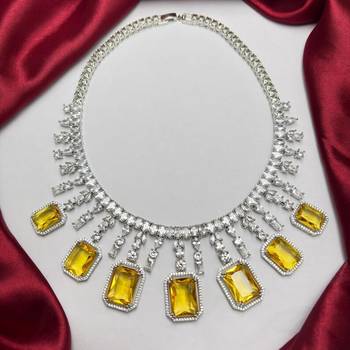 yellow emerald cut statement necklace set, citrine crystal bridal jewellery, rhodium plated brass cz 2