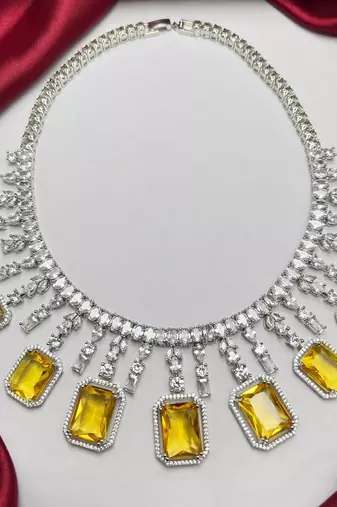 yellow emerald cut statement necklace set, citrine crystal bridal jewellery, rhodium plated brass cz