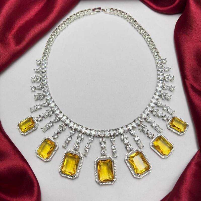 yellow emerald cut statement necklace set, citrine crystal bridal jewellery, rhodium plated brass cz