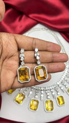 yellow emerald cut statement necklace set, citrine crystal bridal jewellery, rhodium plated brass cz 3