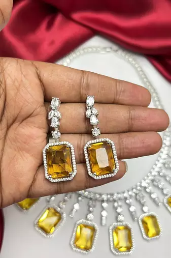 yellow emerald cut statement necklace set, citrine crystal bridal jewellery, rhodium plated brass cz