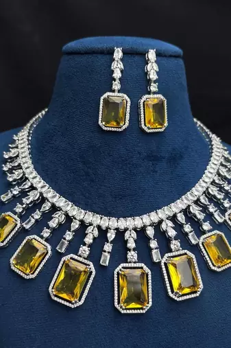 yellow emerald cut statement necklace set, citrine crystal bridal jewellery, rhodium plated brass cz