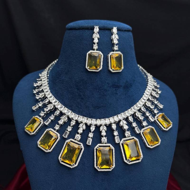 yellow emerald cut statement necklace set, citrine crystal bridal jewellery, rhodium plated brass cz