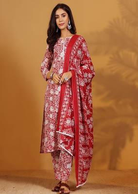 Floral printed cotton round neck kurta trouser & dupatta set 1